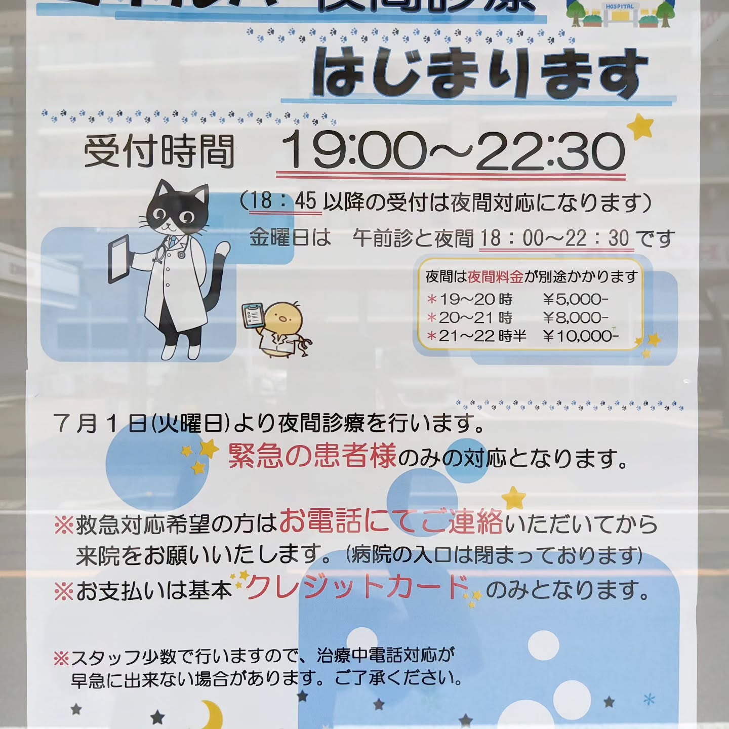 7月より夜間診療が始まります。受付時間：19:00～22:30　ミネルバ動物病院